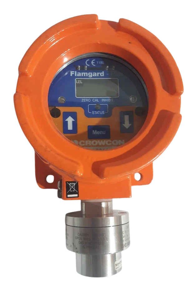 Crowcon Flamgard Plus Exd 96HD Front face view of Crowcon Flamgard Plus fixed flammable gas detector showing backlit LCD window interface, zero, cal, and inhibit status markings.
