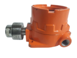 Side profile view of a new Crowcon Flamgard Plus Exd gas detector assembly with orange junction box housing and M20 threaded cable entry port.