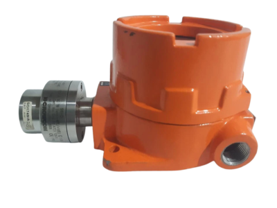 Crowcon Flamgard Plus Exd Gas Detector Side Enclosure View Side profile view of a new Crowcon Flamgard Plus Exd gas detector assembly with orange junction box housing and M20 threaded cable entry port.