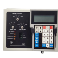 GE DS38200SRB1C1B EGR Module front control panel featuring digital LCD keypad operator interface, engine mode switch, ammeter, and voltmeter selectors