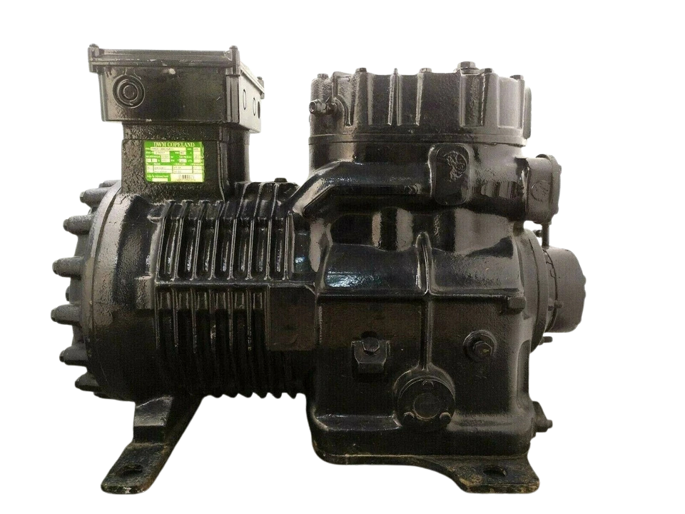 DWM Copeland D9RC4-1000-AWM D New DWM Copeland D9RC4-1000-AWM/D 10 HP industrial reciprocating compressor side profile highlighting cooling fins and cylinder head assembly