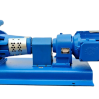Full side profile view of Desmi Rotan HD51EM-1U2B2 internal gear pump coupled to Nord SK20-100L/4 electric motor on baseplate with DN50 flanged ports visible.