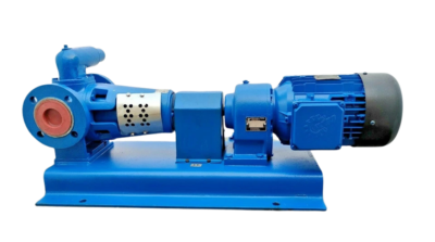 Side Profile of Desmi Rotan HD51EM-1U2B2 Pump and Nord SK20 Motor Full side profile view of Desmi Rotan HD51EM-1U2B2 internal gear pump coupled to Nord SK20-100L/4 electric motor on baseplate with DN50 flanged ports visible.