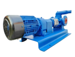 Desmi Rotan HD51EM-1U2B2 heavy-duty internal gear pump assembly with Nord SK20-100L/4 gear motor mounted on a blue steel baseplate, perspective view from motor fan shroud.