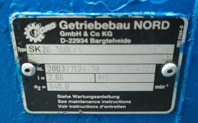 Nord SK20-100L/4 Gear Motor Technical Nameplate Data Getriebebau NORD nameplate for gear motor type SK20-100L/4 showing gear ratio i=2.66 and output speed n2=648 min-1.