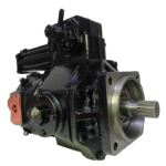 Isometric view of a black Dynapower 10339263-001 hydraulic pump with splined shaft and flange, isolated.
