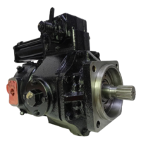 Isometric view of a black Dynapower 10339263-001 hydraulic pump with splined shaft and flange, isolated.
