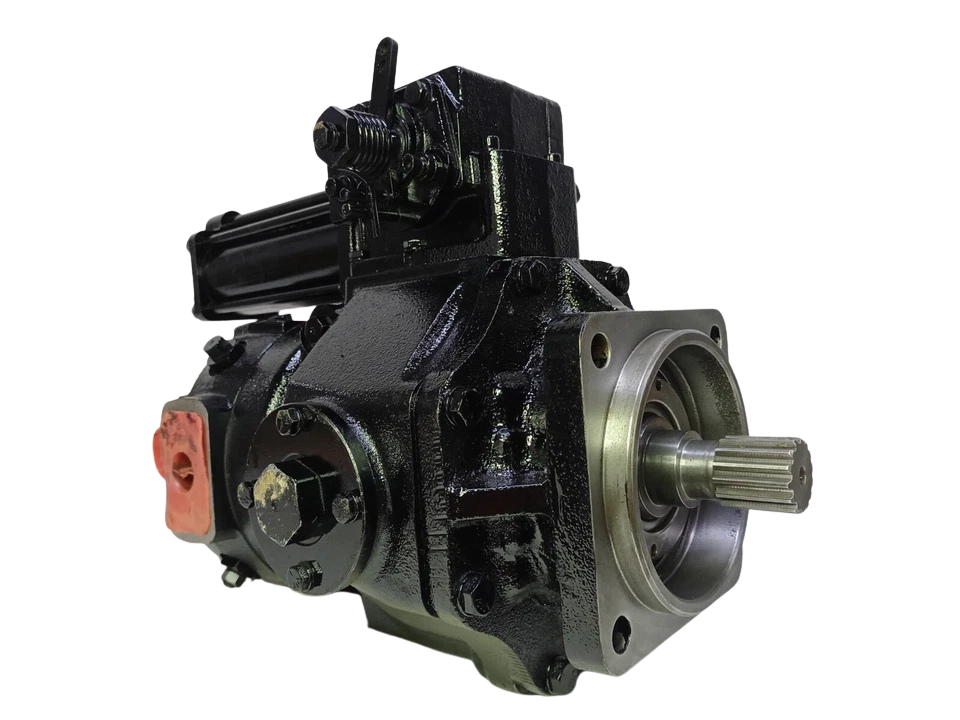 Dynapower 880120 Hydraulic Pump Isometric view of a black Dynapower 10339263-001 hydraulic pump with splined shaft and flange, isolated.