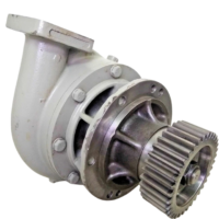 Heavy-duty EMD 40125013 centrifugal coolant pump assembly with cast iron housing and drive gear mechanism.