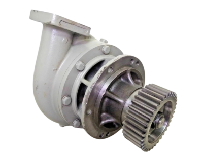 EMD 40125013 Marine Engine Coolant Pump Side Profile Heavy-duty EMD 40125013 centrifugal coolant pump assembly with cast iron housing and drive gear mechanism.