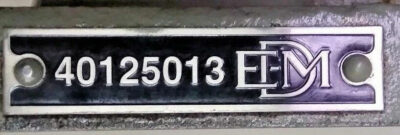 EMD 40125013 Serial Nameplate Identification Tag OEM nameplate tag of EMD 40125013 centrifugal water pump stamped with part number and logo.