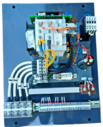 Top-down view of EMRI ASR150 static exciter featuring wiring, capacitors, and heat sink assembly
