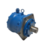 Eaton 134ME00007A Dowmax axial piston hydraulic motor diagonal profile view showing output shaft and blue housing