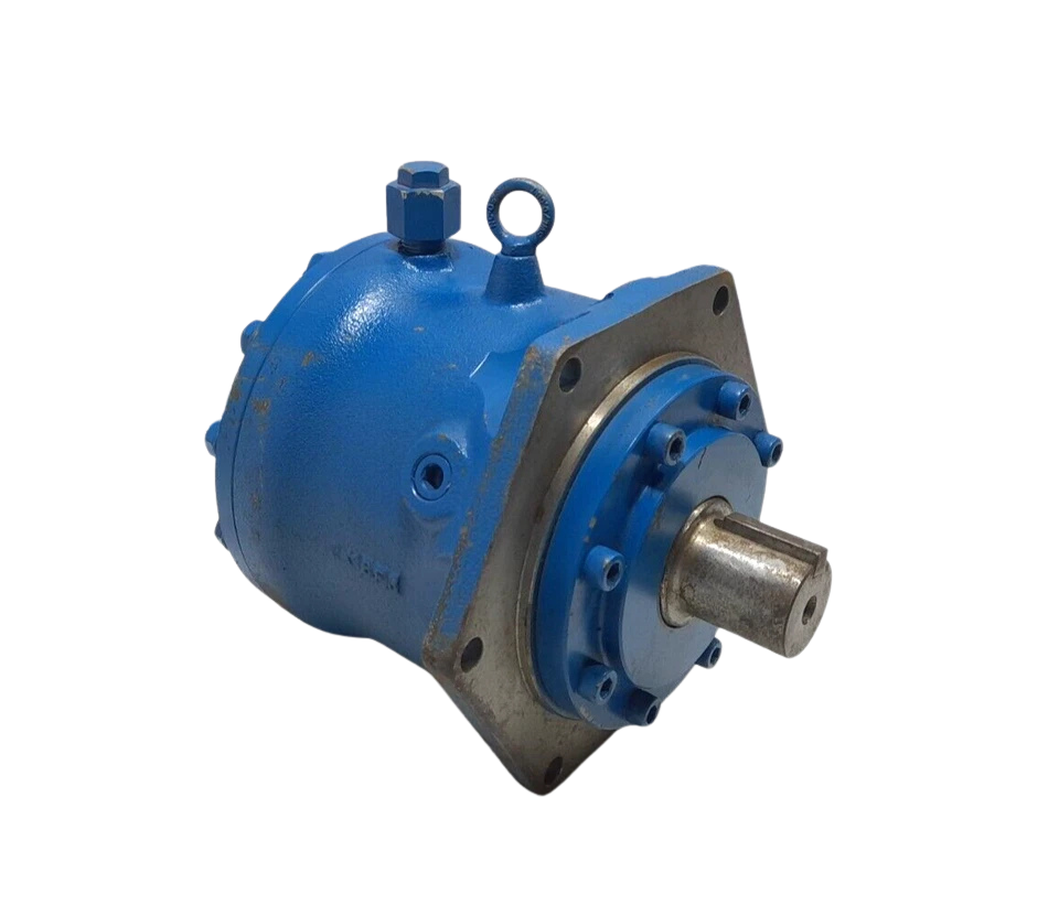 Eaton 134ME00007A Motor(1) Eaton 134ME00007A Dowmax axial piston hydraulic motor diagonal profile view showing output shaft and blue housing