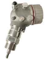 Side profile view of Endress+Hauser FMP57 level transmitter showing metal cable conduit entries, ground lug connection points, durable industrial O-ring seals, and threaded lower waveguide adapter.