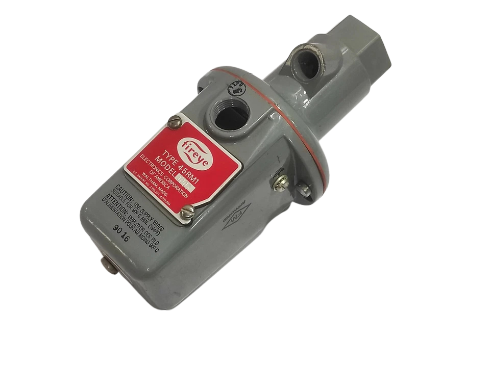 Fireye 45RM1 1003 Flame Detector Fireye Type 45RM1 Model 1003 infrared self-checking flame scanner with gray cast-aluminum housing and threaded conduit entries