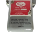 Close-up of Fireye Type 45RM1 Model 1003 flame detector nameplate showing manufacturing details and temperature warnings