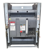 Front facade view of a draw-out style GE Power Break II SHD25B220 circuit breaker featuring the mechanical charging handle, push ON/OFF buttons, digital trip unit, and side racking guide rails.