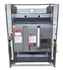 GE SHD25B220 2500A High Interrupting Circuit Breaker Front Face Front facade view of a draw-out style GE Power Break II SHD25B220 circuit breaker featuring the mechanical charging handle, push ON/OFF buttons, digital trip unit, and side racking guide rails.