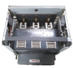 Overhead technical view of a GE SHD25B220 Power Break II circuit breaker showing the upper contact cluster assemblies, heavy structural frame layout, and internal terminal wire routing.