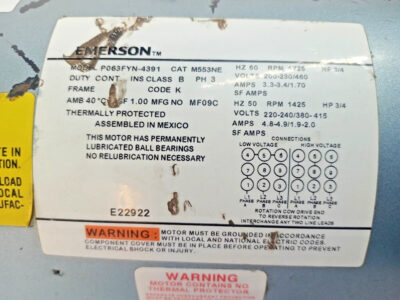 Emerson 3-Phase Motor Technical Specification Plate Macro view of Emerson 3-phase motor nameplate for Gast compressor detailing 3/4 HP rating, dual frequency 50/60Hz metrics, and low/high voltage wiring diagrams.
