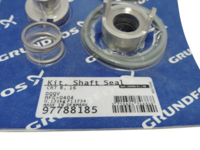 Technical Label Data for Grundfos 97788185 Seal Kit Close-up of Grundfos 97788185 shaft seal kit label indicating model DQQV, MFG greater than 0404, made in Denmark with barcode detail.