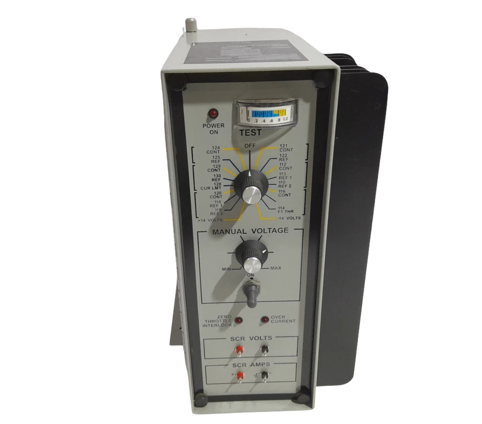 Gulf Coast International 7359-2400-424 DC Front faceplate featuring test selector knob, manual voltage dial, and diagnostic indicators of GCI 7359-2400-424