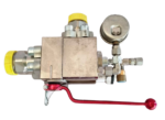 Reverse view of Marioff HI-FOG SBA40-A3P-S38/30-10M section valve showing the rear manifold block assembly, integrated 24VDC differential switch housing, and the long red manual shut-off handle.