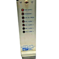 Front faceplate panel of the Integrated Power Systems Engine Alarm Module Model 2641 with indicator LEDs for PWR Supply, Overcrank, Low Oil Press, and Engine Alarms 1-4.