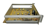 Internal view of the Integrated Power Systems 2641 engine alarm module showing the dual-deck PCB layout, components, and aluminum rack mounting frame.