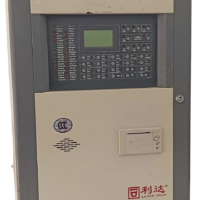 Front control panel faceplate of Leader Group JB-QB-LD128EN(M) Fire Alarm Control and Indicating Equipment Linkage Type with LCD display and keypad.