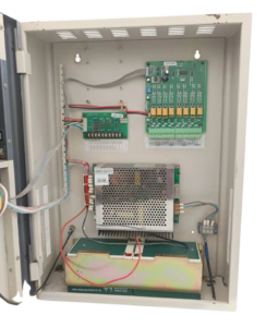 Beijing Leader Huaxin JB-QB-LD128EN(M) Internal Components and Circuit Boards Internal wiring assembly of JB-QB-LD128EN(M) Fire Alarm Controller showing power supply unit, PCB loop modules, and battery compartment.