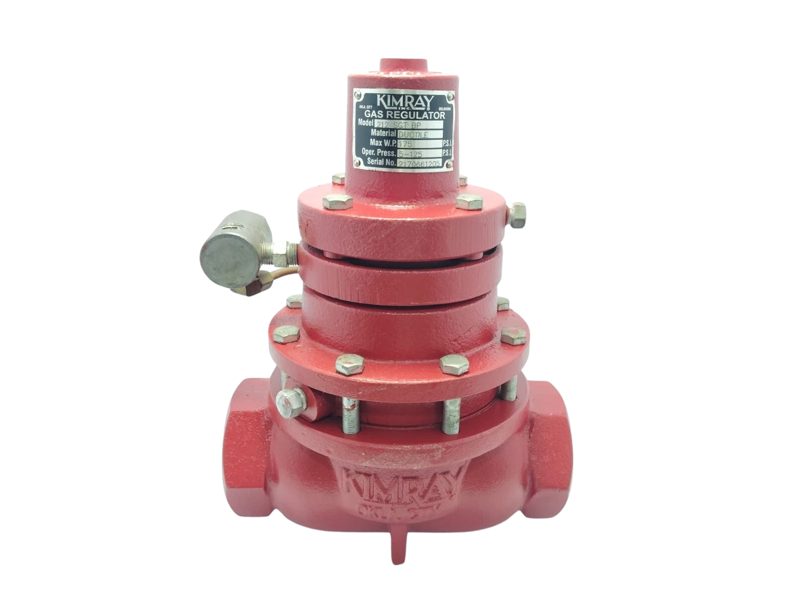 KIMRAY 212 SGT BP Gas Regulator Complete assembly of Kimray 212 SGT BP back pressure gas regulator with visible OEM specification nameplate