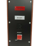 Kongsberg KR-50/2 marine cabin alarm panel featuring alarm and on-duty indicators, buzzer grille, and accept push-button.