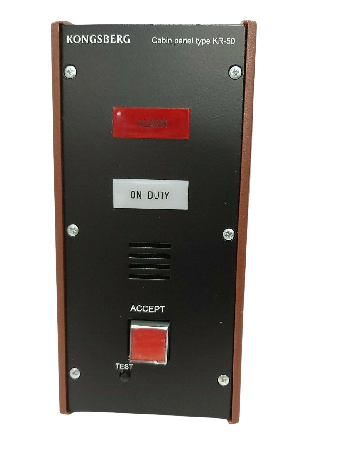 KONGSBERG KR-50 2 ALARM PANEL Kongsberg KR-50/2 marine cabin alarm panel featuring alarm and on-duty indicators, buzzer grille, and accept push-button.