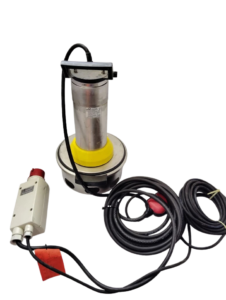 Full KSB AMA-Drainer A 422 SD/35 Submersible Pump Assembly Kit Complete kit overview of the KSB AMA-Drainer A 422 SD/35 waste water pump shown alongside its uncoiled 10-meter H07RN-F power cable, red float switch, and industrial 3-phase CEE plug control logic unit.