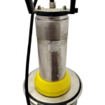Front view of KSB AMA-Drainer A 422 SD/35 submersible pump featuring a vertical stainless steel motor housing wrapper, a bright yellow clamp ring, and a rugged black top carrying handle against a black background.