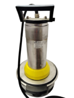 Front view of KSB AMA-Drainer A 422 SD/35 submersible pump featuring a vertical stainless steel motor housing wrapper, a bright yellow clamp ring, and a rugged black top carrying handle against a black background.