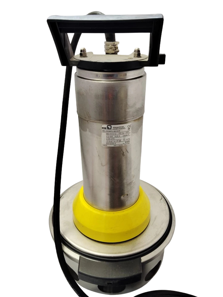 KSB AMA-Drainer A 422 SD35(1) Front view of KSB AMA-Drainer A 422 SD/35 submersible pump featuring a vertical stainless steel motor housing wrapper, a bright yellow clamp ring, and a rugged black top carrying handle against a black background.