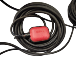 Overhead view of a coiled heavy-duty black neoprene power supply cable with an integrated red e-commerce mechanical float switch level controller for automated pump operation.