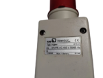 Macro close-up shot of the white KSB Hyper industrial plug assembly housing label specifying 3/N/PE AC 400V 50/60Hz technical ratings and CE certification mark.