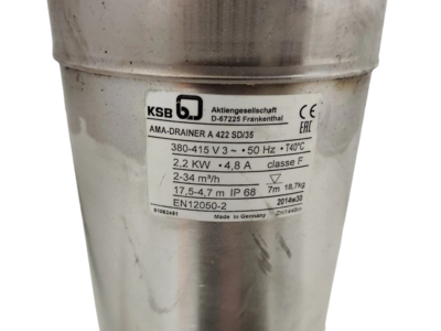 KSB AMA-Drainer A 422 SD/35 Manufacturer Data Plate and Ratings Detailed technical specification nameplate sticker fixed to the stainless steel body of the KSB AMA-Drainer A 422 SD/35 pump showcasing ratings like 2.2 kW power output, 4.8 A running current, IP68 protection, and EN 12050-2 compliance.
