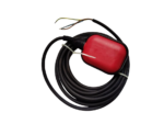 Red heavy-duty external float switch tied with a coiled black electrical power cable.
