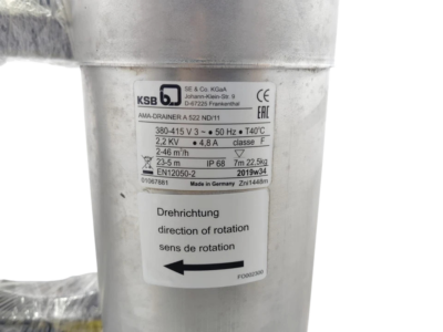 KSB AMA-Drainer A 522 ND/11 Data Label Technical specification nameplate on a KSB AMA-Drainer A 522 ND/11 pump body showing 2.2 kW rating and EN12050-2 compliance.