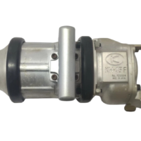 Full profile view of Kuken KW-45F 1-1/2 inch drive industrial straight air impact wrench featuring aluminum housing, side support handle, rubber protective bumpers, and dynamic air inlet.