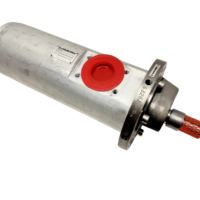 Leistritz L3MF-60/96 IF0KT-0-S triple screw pump showing aluminum monoblock housing, red flange plug, and protective drive shaft sleeve.