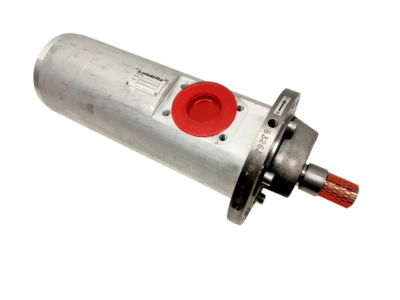 Leistritz L3MF-60/96 IF0KT-0-S Triple Screw Pump - Side View Leistritz L3MF-60/96 IF0KT-0-S triple screw pump showing aluminum monoblock housing, red flange plug, and protective drive shaft sleeve.
