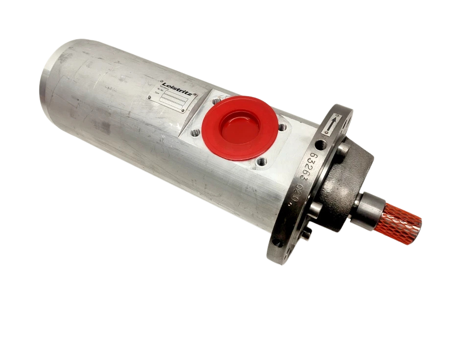 Leistritz L3MF-60 96 IF0KT-0-S(1) Leistritz L3MF-60/96 IF0KT-0-S triple screw pump showing aluminum monoblock housing, red flange plug, and protective drive shaft sleeve.