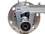 Measuring the power rotor drive shaft diameter of a Leistritz L3MF-60/96 pump using an Insize precision vernier caliper.