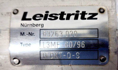 Leistritz L3MF-60/96 IF0KT-0-S Serial Number Nameplate Stainless steel manufacturer nameplate on Leistritz Nuremberg pump detailing Type L3MF-60/96 IF0KT-0-S and Serial Number 63263.020.